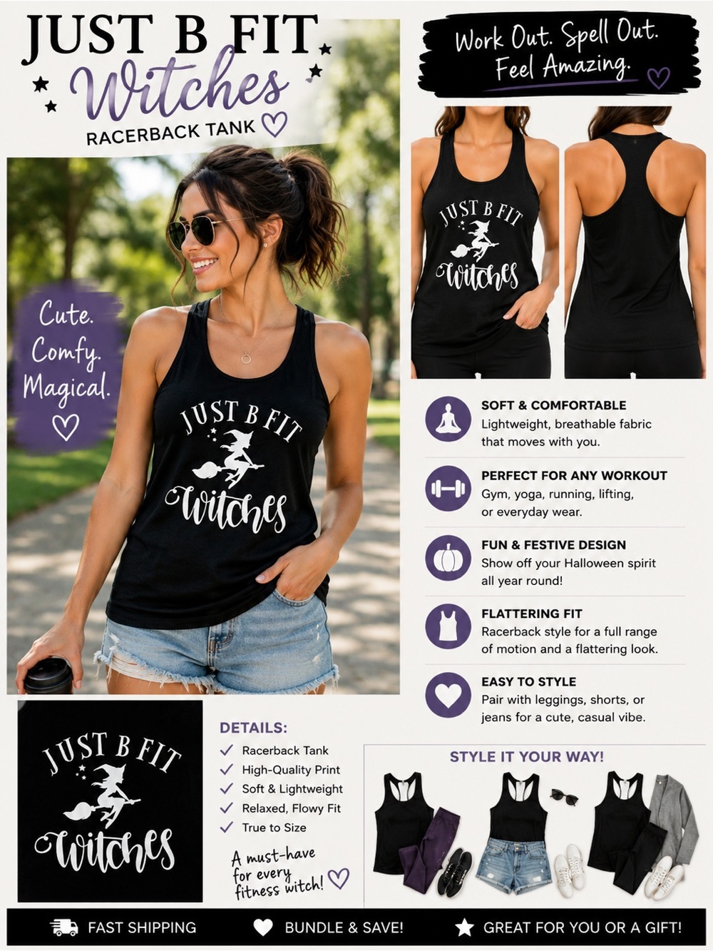 Source Unknown Black Tank with White 'Just B Fit Witches' Graphic